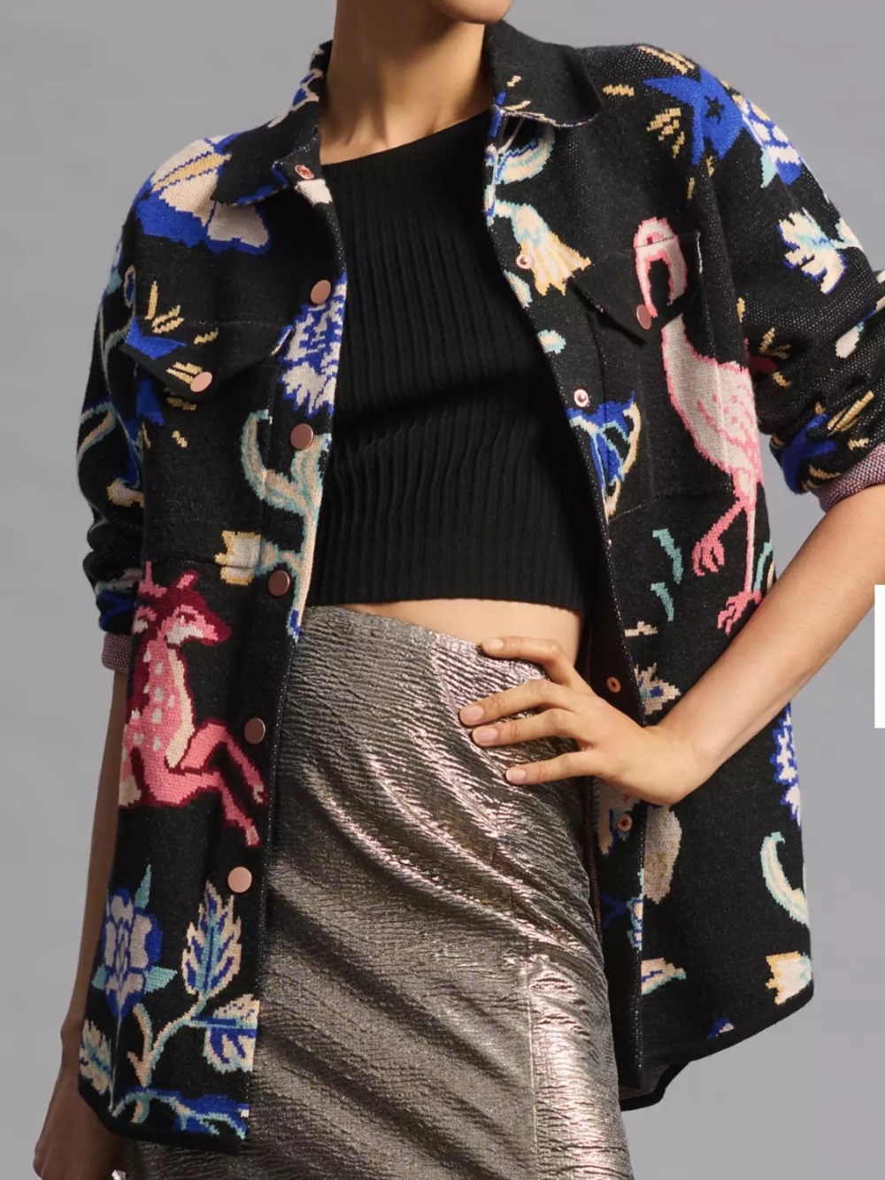 Anthropologie Womens Black Floral & Animal Print Button-Front Jacket